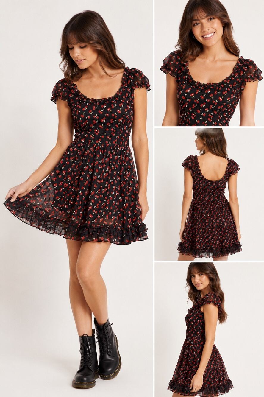 Royal Bones Black Red Cherry Print Rockabilly Babydoll Dress Ruffle Goth Punk L
